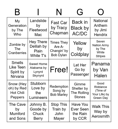 Famous Guitar Songs Bingo Card