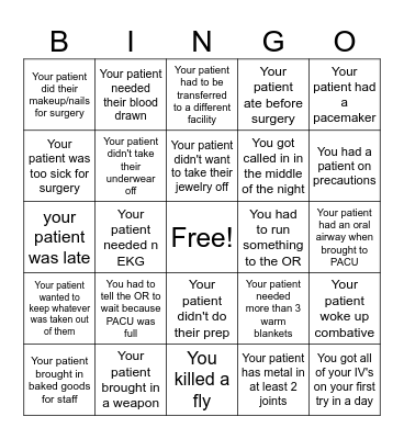 Pre-OP/PACU Bingo Card