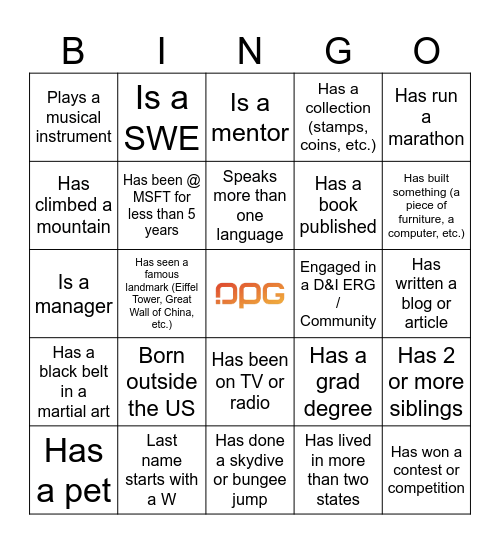 OPG D&I Community Happy Hour Bingo Card