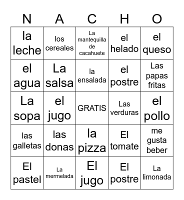 food spanish Bingo Card