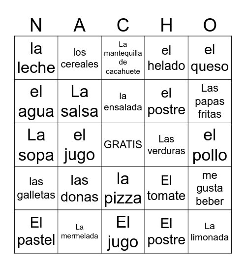 food spanish Bingo Card