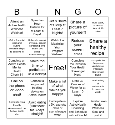 Indiana VR Wellness Bingo Challenge Bingo Card