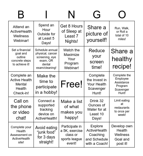 Indiana VR Wellness Bingo Challenge Bingo Card