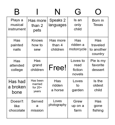 Relief Society Friend Bingo Card