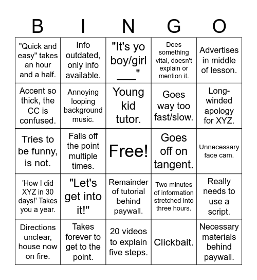 Tutorial Video Bingo Card