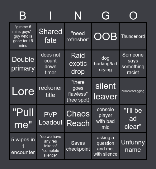 Destiny 2 Raid LFG Bingo Card