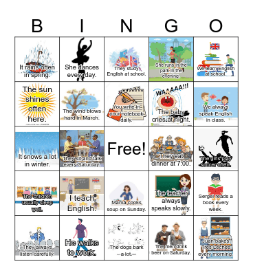 Simple Present Bingo 1 with sentences Bingo Card