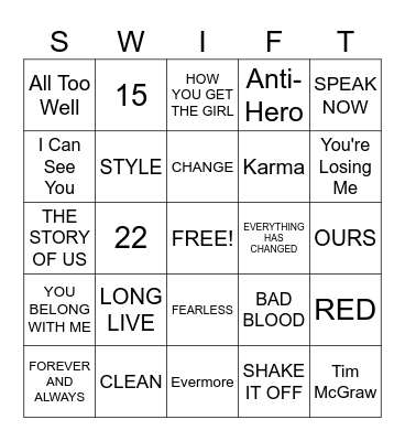 TAYLOR SWIFT SONGS Bingo Card