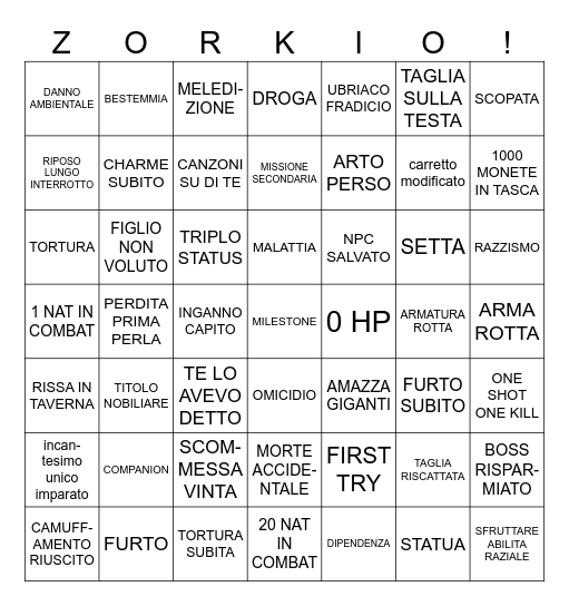 Zorkio Bingo Card