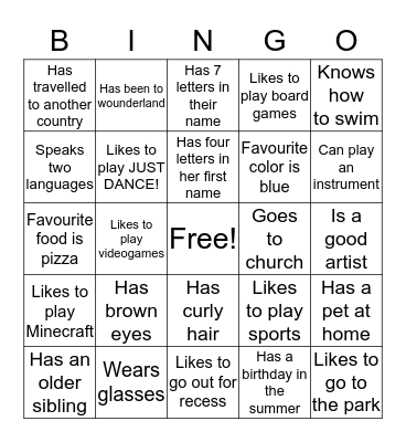 Friendship Bingo Card