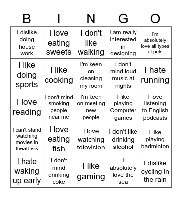 Likes and dislikes Bingo Card