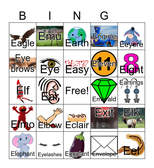 Letter E Bingo Card