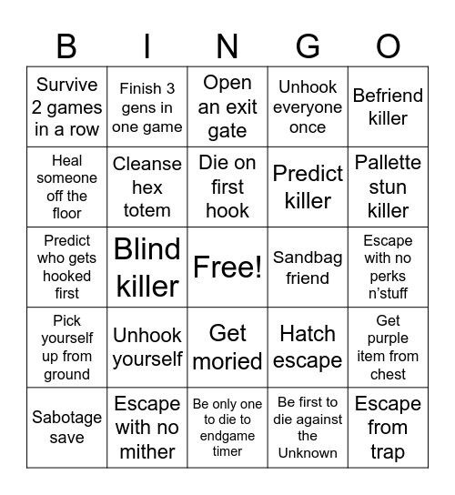 Dead by Dingus Bingus Bingo Card