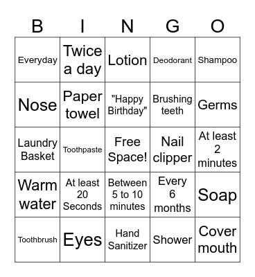 Personal Hygiene Bingo Card