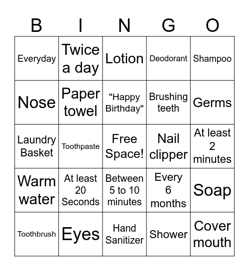 Personal Hygiene Bingo Card