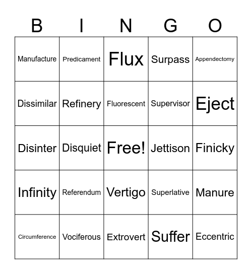 Morphology Vocabulary Bingo Card