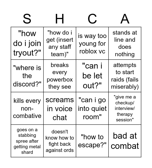 new shca player bingo Card