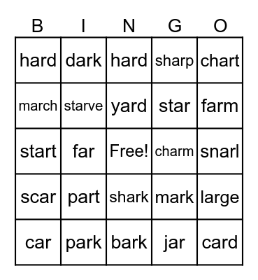 Word Family "ar" Bingo Card