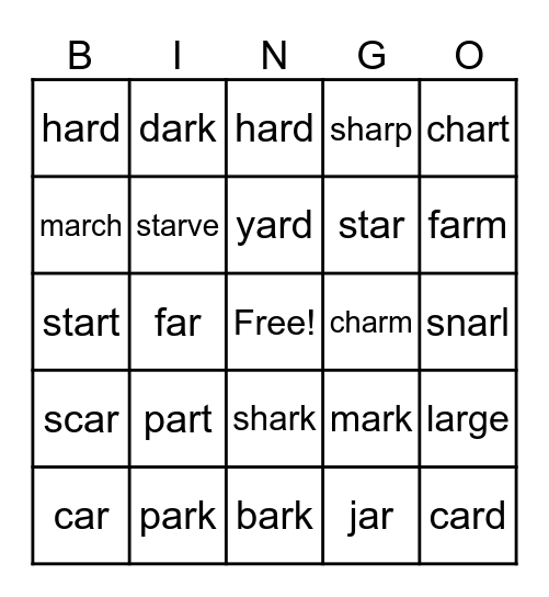 Word Family "ar" Bingo Card
