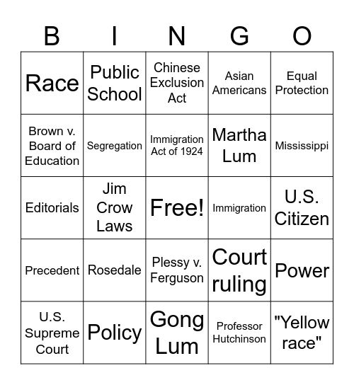 Gong Lum v. Rice Bingo! Bingo Card