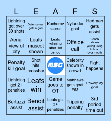 Leafs vs. Lightning - April 3rd Bingo Card