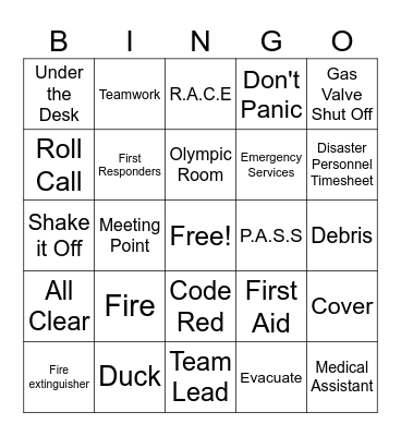 Earthquake, Fire, Evacuation Drill Bingo Card