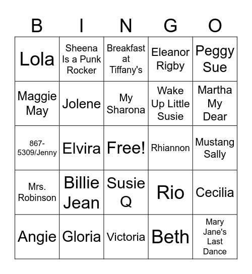 Ladies Names Bingo Card