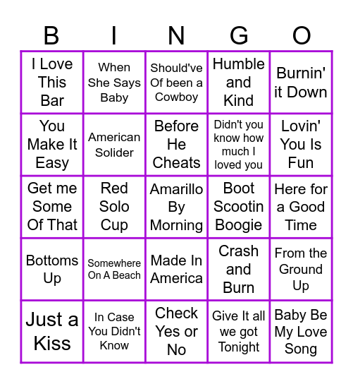 July 4th Music Bingo Round 3 Country Songs Bingo Card