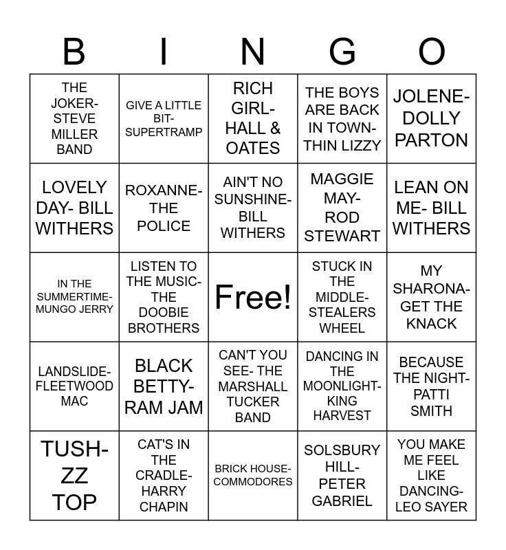 ALL OUT 70's Bingo Card