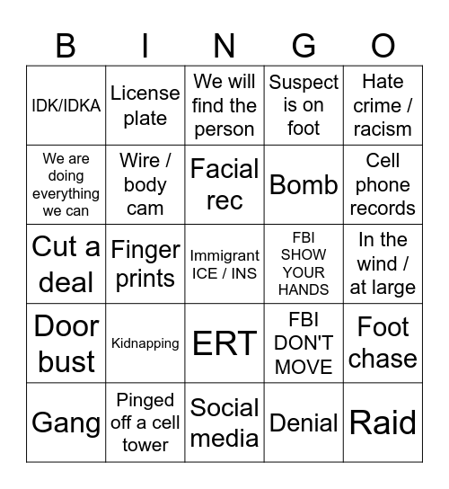 B&J FBI Bingo Card
