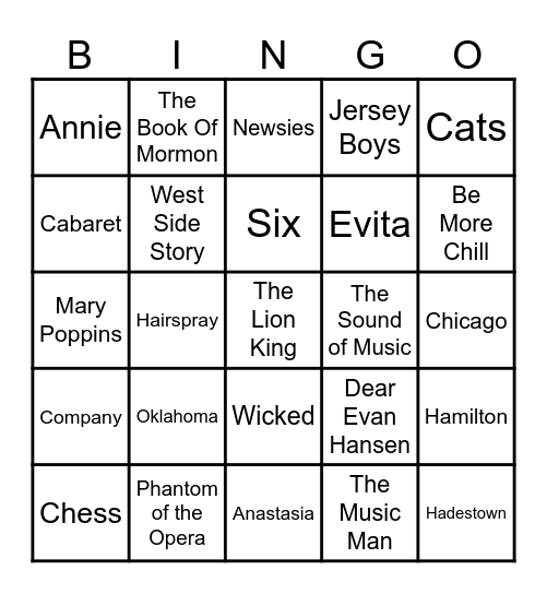 Musicals Bingo Card