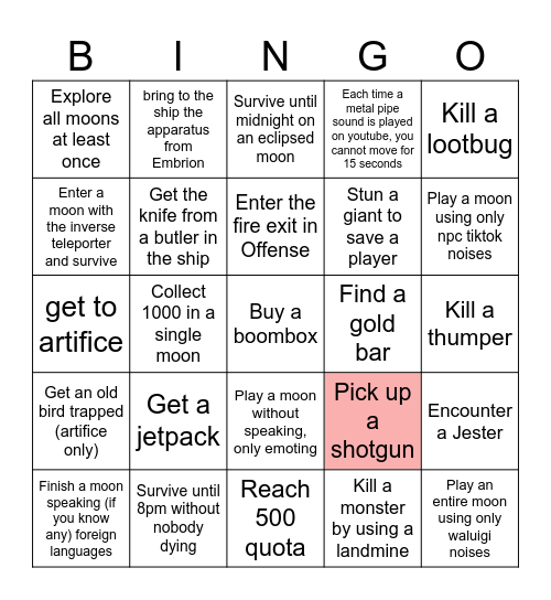 Lethal Company Bingo - V50 Bingo Card