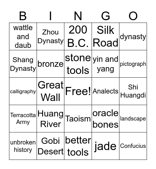 Ancient China Bingo Card