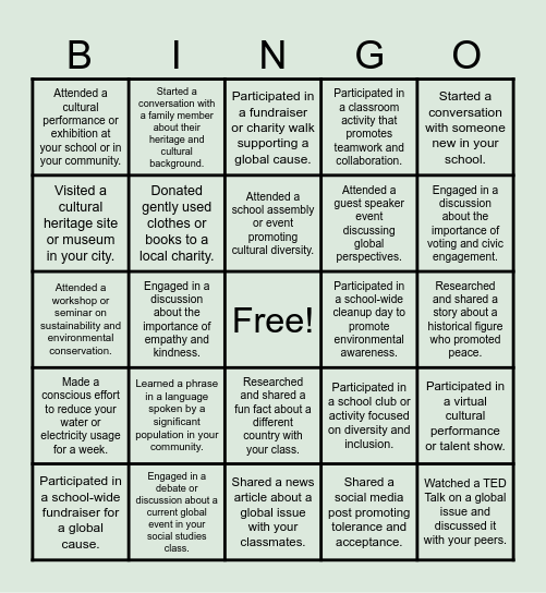 Global Citizenship Bingo Card