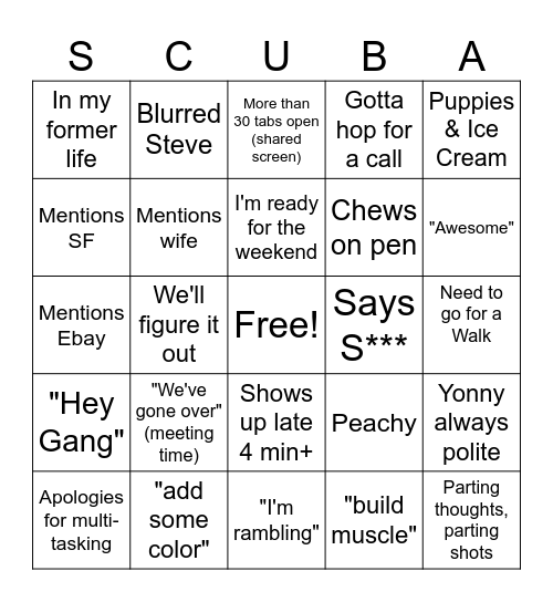 SCUBA Bingo Card