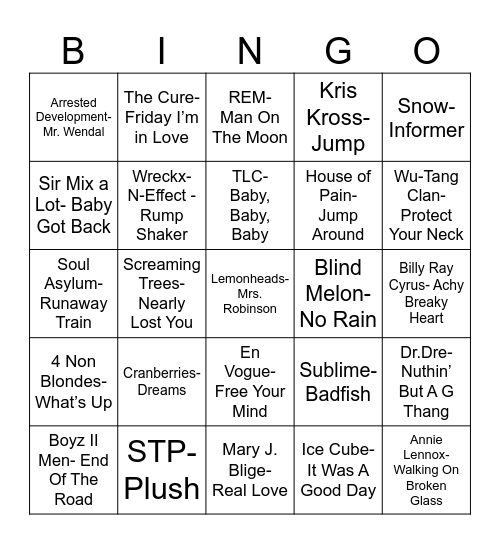 Radio Bingo Class of 1992 Bingo Card