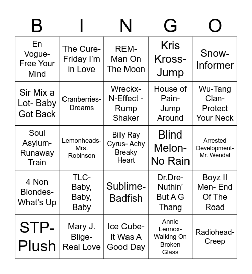Radio Bingo Class of 1992 Bingo Card