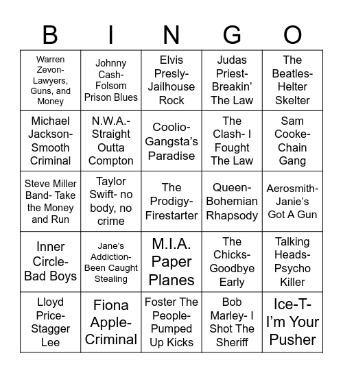 Radio Bingo Cops & Robbers Bingo Card