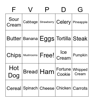 Nutrition Bingo Card