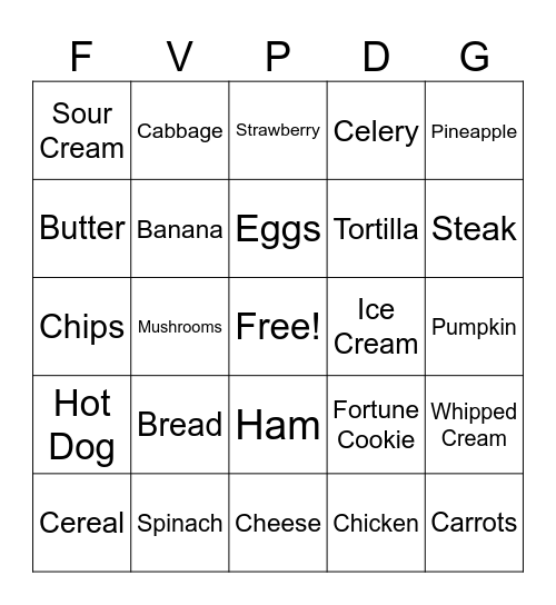 Nutrition Bingo Card