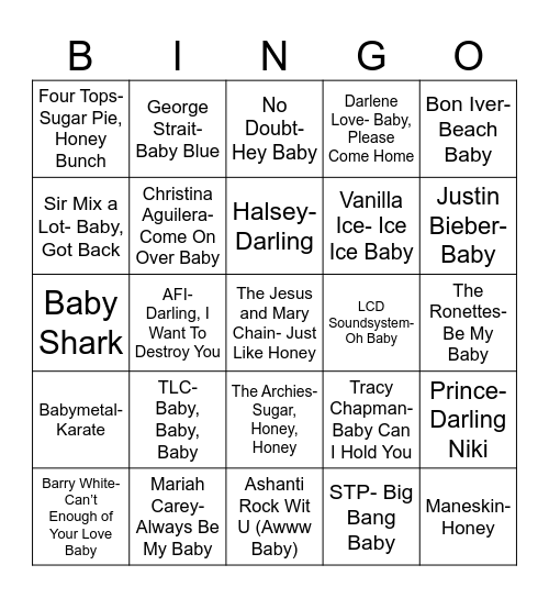 Radio Bingo Baby, Darling, Honey Bingo Card