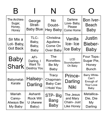 Radio Bingo Baby, Darling, Honey Bingo Card