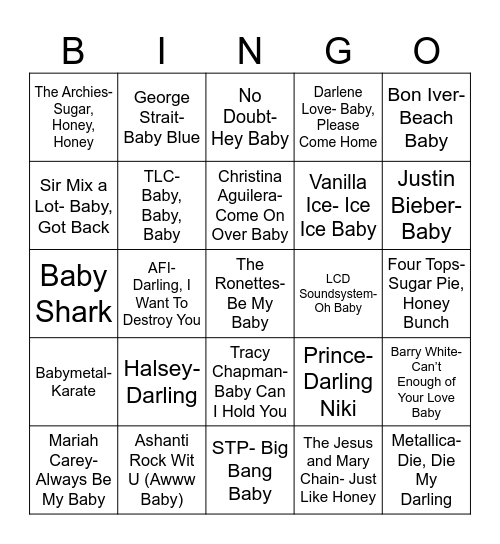 Radio Bingo Baby, Darling, Honey Bingo Card