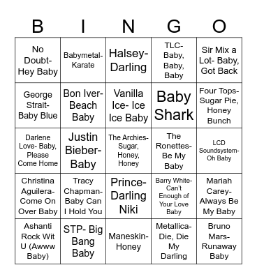 Radio Bingo Baby, Darling, Honey Bingo Card
