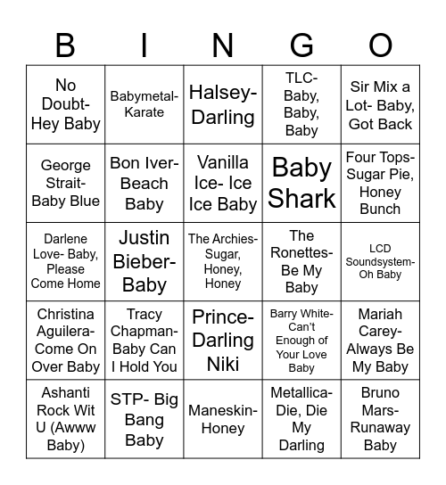 Radio Bingo Baby, Darling, Honey Bingo Card