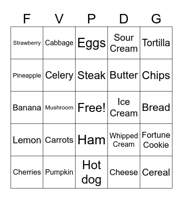 Nutriton Bingo Card