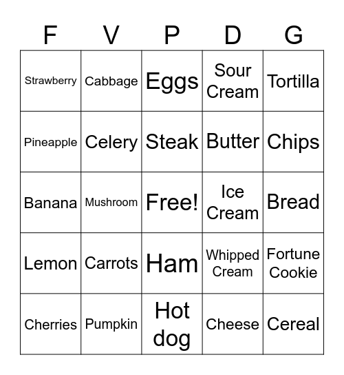 Nutriton Bingo Card