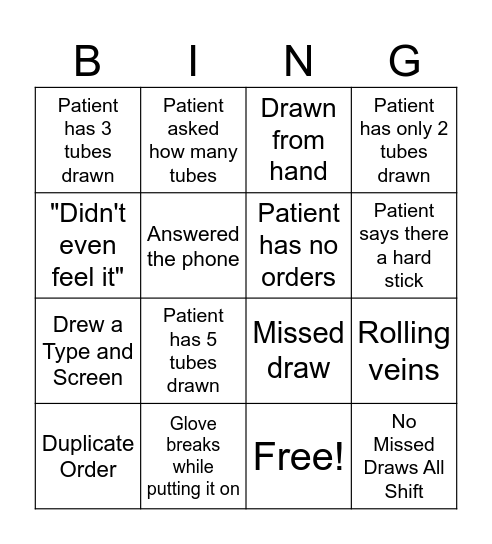 Phlebotomy Bingo Card