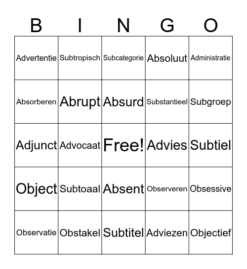 Latijns voorvoegsel-bingo Card