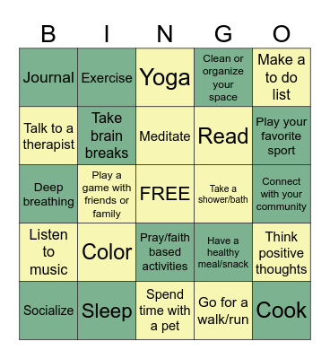 Stress Management Bingo Card
